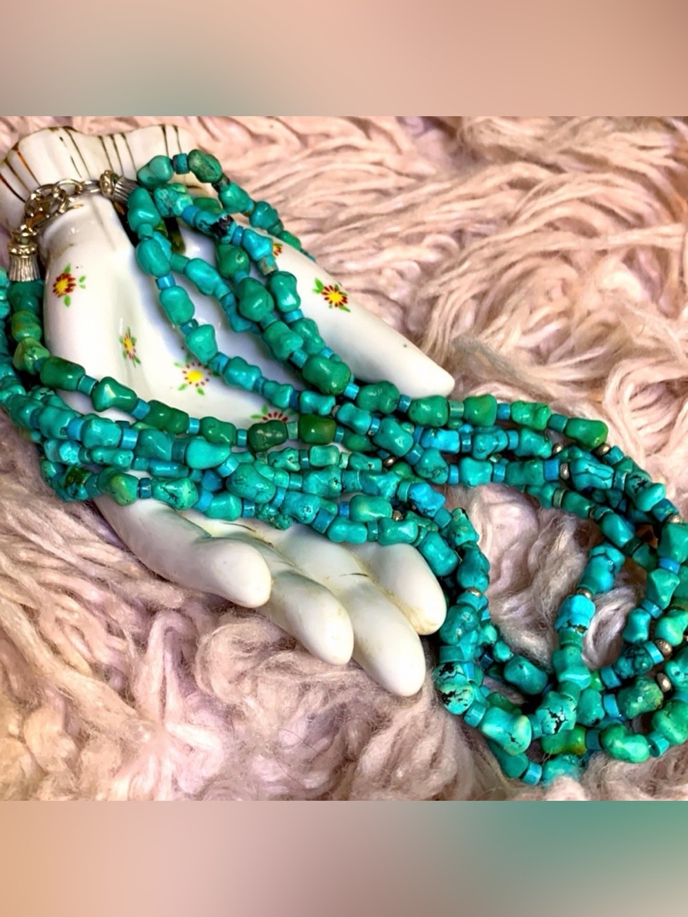 Necklace PEYOTE BIRD Artisan Vintage Beautiful Turquoise Silver 5 Strands Boho - Picture 2 of 4
